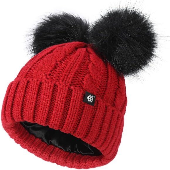Kids Satin Lined Winter Beanie Hat with Double Pom Pom for Baby Boys Girls - Picture 1 of 6
